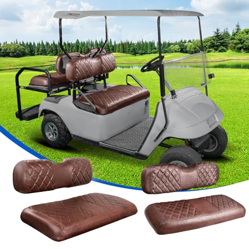 NOKINS 4PCS Golf Cart Diamond Seat Covers Kit, Front&Rear Seat Covers Fits EZGO TXT 1994-2013/EZGO RXV Standard Seat Cushion, EZGO Vinyl Seat Cover Accessories, No Staples(Brown Brown 8438)