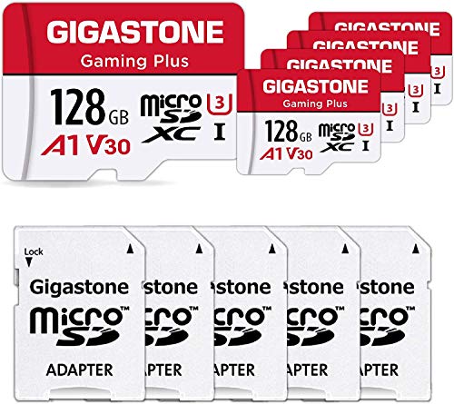 GIGASTONE Micro SD Card 128GB 5-Pack, Gaming Plus, MicroSDXC Memory Card for Nintendo-Switch, Security Camera, Dash Cam, UHS-I U3 A1 Class 10, up to 100MB/s, with MicroSD to SD Adapter