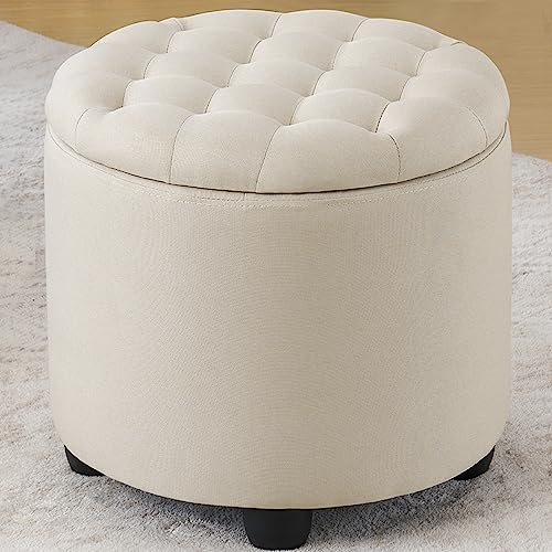 Furniliving Modern Round Storage Ottoman,Button Tufted Ottoman Foot Stools Ottoman Footstool with Removable Lid Storage Ottoman for Living Room, Bedroom, Makeup Room，Beige