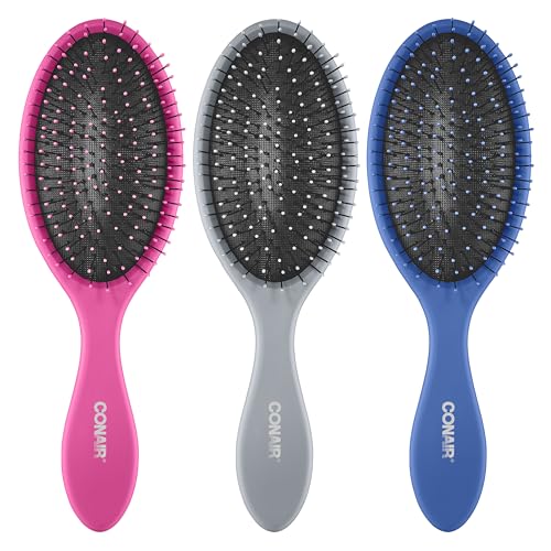 Conair Detangling Hair Brush 3PK - For wet and dry hair - Ideal for all hair types - curly hair brush - hair brushes for women - detangler brush - hair brushes for women - Blue, Pink, Gray Assorted