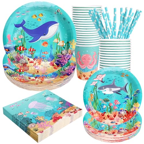 Under the Sea Birthday Party Supplies Decorations, Ocean Theme Paper Plates and Napkins Set for 24 Guests, 120 Pcs Disposable Sea Animals Party Dessert Dinnerwares