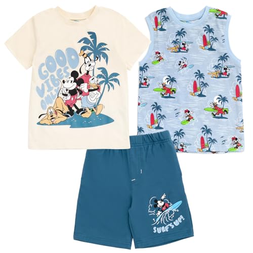 Disney Mickey Mouse Goofy Donald Duck Toddler Boys T-Shirt Tank Top & Shorts 3 Piece Outfit White/Blue Good Vibes Only 3T