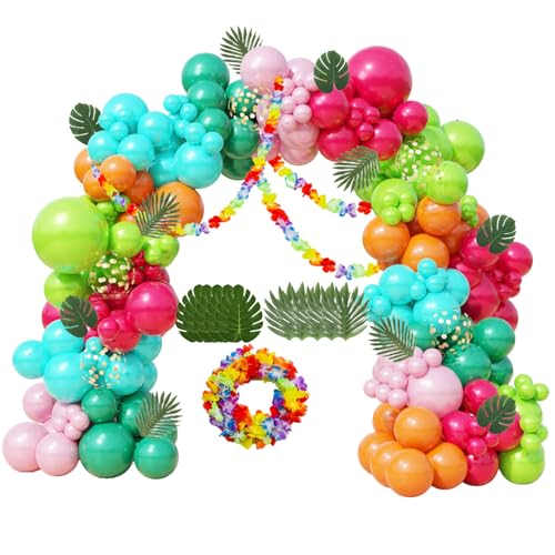 Tropical Balloon Arch Kit 161pcs Hawaiian Theme Rose Gold Confetti Balloon Luau Palm Leaives Flowers For Summer Baby Shower,Island,Beach,Flamingo Pink Pool Parties,Aloha Birthday Party Decorations