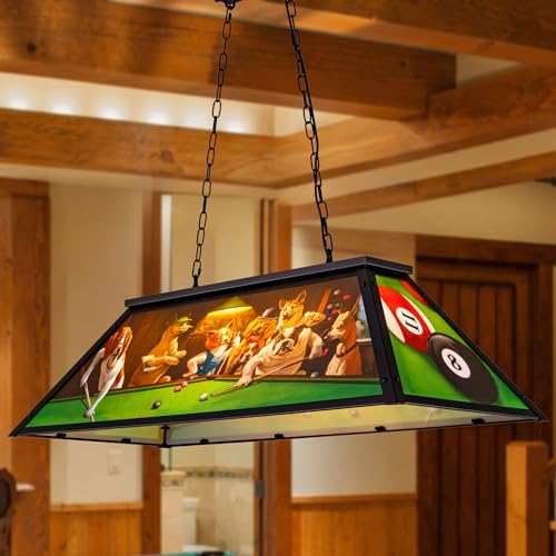 Wellmet Tiffany Pool Table Light, Dogs Playing Billiards Lights for 7' 8' 9' Pool Table, 3 Lights Billiard Fixture Hanging Pendant Lamp for Snooker Table, Cabin, Game Room, Men's Cave, Dining Room