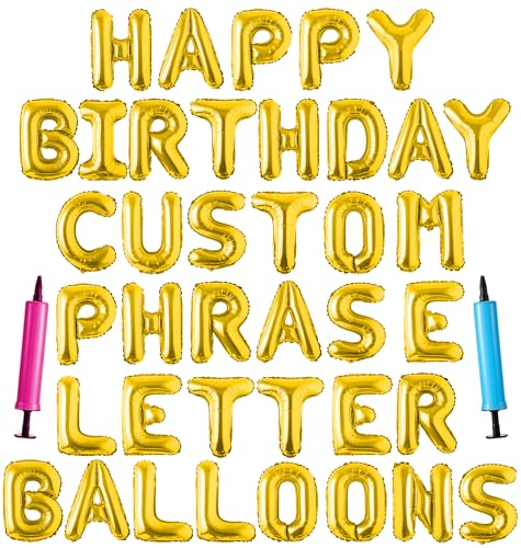 Happy Birthday Balloon Banner Custom Phrase Balloons letter 16 inch Personalized Alphabet Letters Foil Mylar Balloons (Gold)