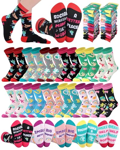 Croloose 24 Pairs Social Worker Socks Bulk Novelty Cotton Crew Socks Gifts for Social Worker Month Volunteer Appreciation Stuff