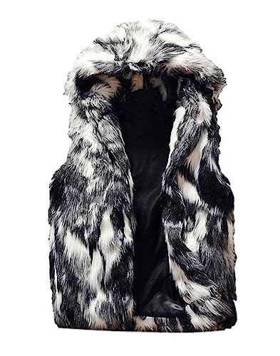 Idopy Men`s Luxury Faux Fur Hoodie Coats Sleeveless Jacket Vest With Hood (US M(tag XL), Black Grey)