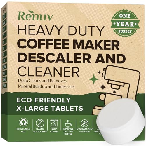 Renuv Coffee Maker Cleaner & Descaler Tablets, 12 Uses for Keurig, Ninja, Breville, Delonghi, Nespresso, Miele, Jura, Mr Coffee, Cuisinart Descaling Solution for Coffee Pot Maker & Espresso Machines