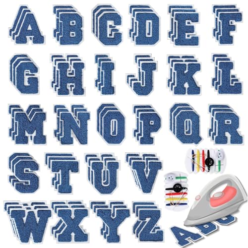 78 Pcs 2.7 Inch Chenille Letter Iron On Patches Sew On Chenille Varsity Letter Patches A-Z, Washable Fabric Letters for DIY Clothing Repairing Hats Shirts Shoes Jeans Bags(Blue)