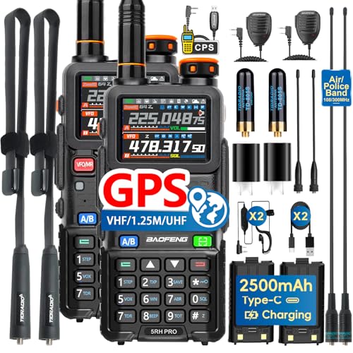 BAOFENG BF-5RH PRO GPS 10Ｗ Ham Handheld Radio, Multi-band Long Range with 18.89 Inch Tactical Antenna 5RM Two Way Radio, Aviation Band Scanner, Copy Frequency Walkie Talkie APRS Type-C Charging,2 Pack