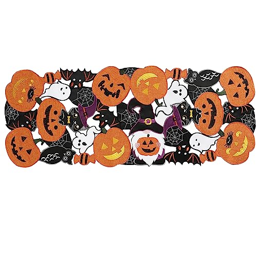 Simplebrand Fall Halloween Table Runner 36 Inches Long, Cutwork Applique Embroidered Pumpkins and Bats Black Table Runner Dresser Scarf for Home Dining Autumn Thanksgiving Tabletop Decoration, 13"x36"