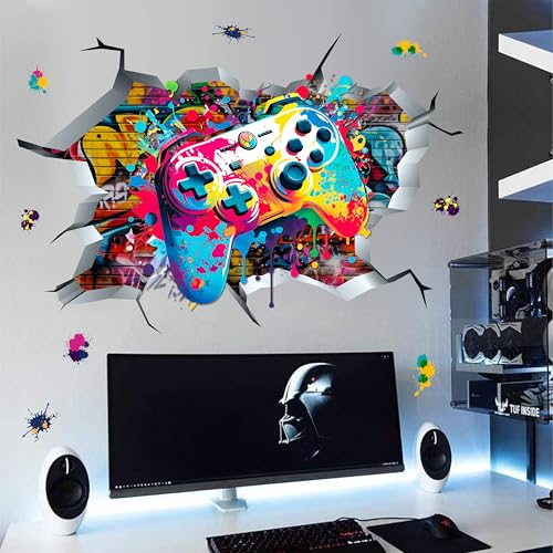 Gamer Wall Decals Gaming Room Wall Decor Colorful Game Controller Wall Art Murals for Kids Bedroom Broken Graffiti Wall Stickers Peel and Stick Video Game Wallpaper for Teens Boys Playroom Gift Decor