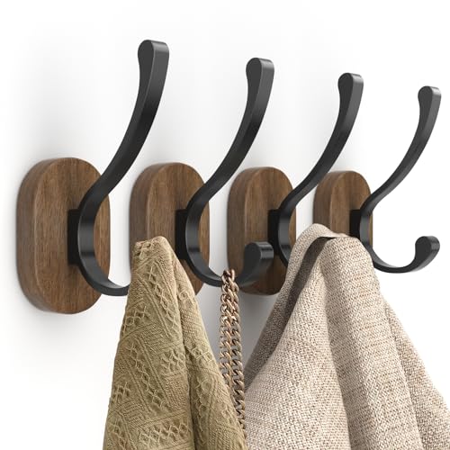 Wall Hooks for Hanging Coats - 4 Pack Coat Hooks Wall Mounted, Wood Coat Hooks for Wall, Bussdis Single Metal Hooks for Hanging Hats, Keys, Towel, Robe, Purse, Jackets, Decorative Livingroom, Bathroom