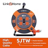 Link2Home Cord Reel 60 ft. Extension Cord 4 Power Outlets – 14 AWG SJTW Cable. Heavy Duty High Visibility Power Cord.