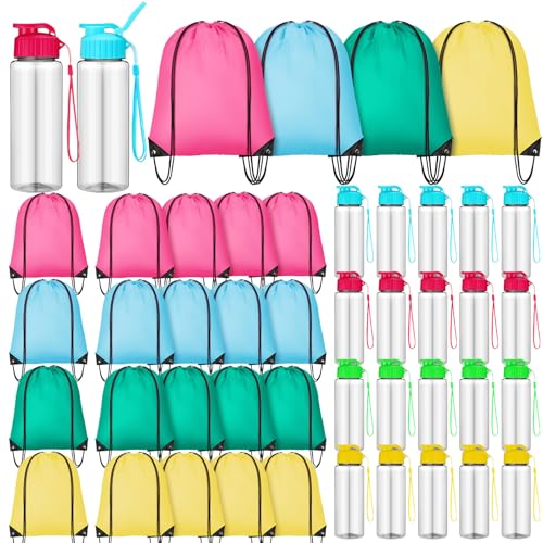 Skybooly 40 Pcs 17 oz Plastic Water Bottles Bulk and Drawstring Backpack Set Reusable Flip Top Leakproof Water Bottles with Handle for Adults Sports Gym Travel Party Outdoor(Stylish)