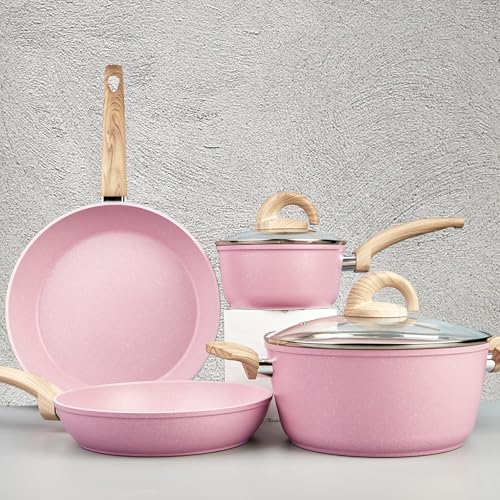 Vkoocy Pink Pots and Pans Set Non Stick, Ceramic Cookware Set with Granite Pattern Kitchen Cooking Sets Induction Pot and Pan w/Frying Pans, Saucepans, Casserole, Non-Toxic, PTFE/PFOA/PFOS-Free