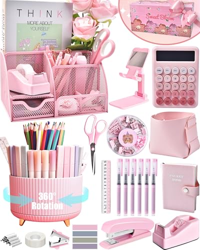 LXEVIHK Pink Desk Organizers and Accessories With Mesh Desk Organizer and 360°Rotating Pen Holder and a Lot of Office Pink Office Supplies Beautifully Presented in a Gift Box, Back to School