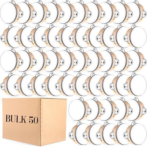 Lukmaa 50 Pcs 4 Inch Wedding Tambourine Bulk Drum for Adults Hand Held Percussion Gift Wood Metal Jingles Musical Educational Drum Instrument for Church Wedding Party Favor