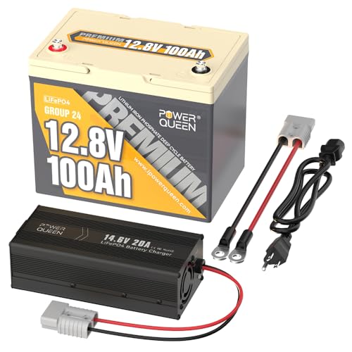 Power Queen 12V 100Ah Group 24 LiFePO4 Lithium Battery with 12V20A Charger, Deep Cycle Battery 100A BMS, Max 1280Wh Energy, Up to 15000 Cycles for RV, Solar, Trolling Motor & Camping