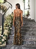 Angel-fashions Women's Sequin V Neck Paillette Tree Branch Tulle Backless Lace Up Mermaid Evening Dress Small Gold