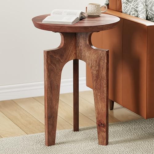 GDFStudio Solid Mango Wood Round End Table Boho Side Table Small Sofa 3-Legged Design Vintage Coffee Side Tables Farmhouse Nightstand for Living Room Bedroom Office, Walnut