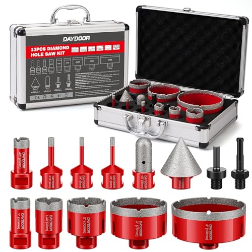 DAYDOOR Diamond Hole Saw Kit, 13PCS Tile Hole Saw Kit 6/6/8/20/25/35/50/75/100+20mm Finger Bit+50mm Beveling Chamfer Bit, Diamond Hole Saw Drill Bits for Tile Ceramic Porcelain