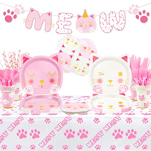 167 PCS Cat Birthday Party Supplies - Kitten MEOW Banner, Cat Paper Plates, Napkins, Cups, Tablecloth, Knives, Forks, Spoons and Straws for Girl Pet Cat Party Decorations, Serve 20 Guests