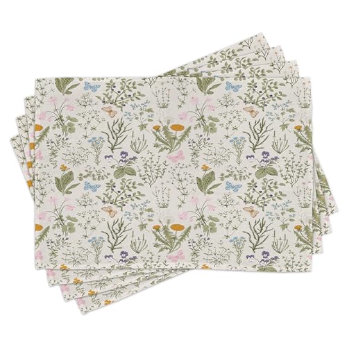 Ambesonne Floral Place Mats Set of 8, Vintage Garden Plants Herbs Flowers Botanical Classic Design Art, Washable Fabric Placemats for Dining Table, Placemat 8 pcs, Reseda Green Beige
