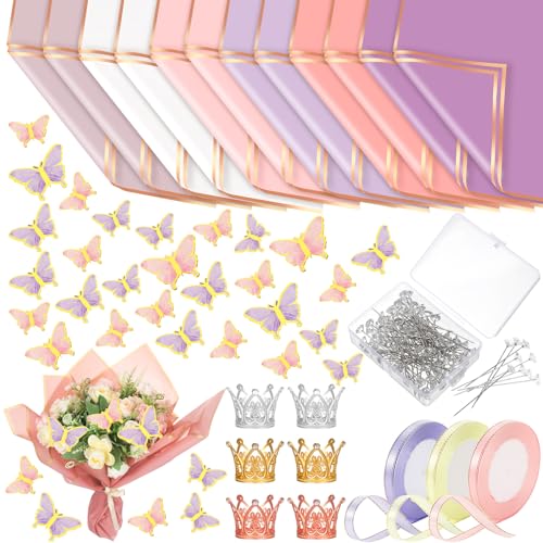 Qilery 243 Pcs Flower Bouquet Wrapping Paper Waterproof Floral Wrapping Paper Florist Supplies with Butterfly Decoration Crowns Ribbons Bouquet Pin Glue for DIY Craft (Cute Color)