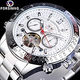 FORSINING Men Tourbillon Mechanical Self-Wind Watch, Day Date Month Full Calendar, Luminous Tachymeter Multifunctional Automatic Watches, Carved Big Dial Stainless Steel Band Wrist Watch, White Case