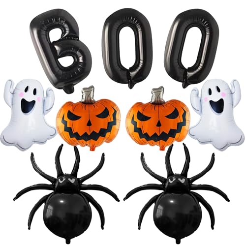 Black Boo Balloons Set 9Pcs - White Ghost, Black Spider, Orange Pumpkin Foil Balloons for Halloween Party Decorations