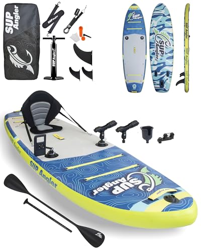 SUP Angler I X-Wide Inflatable Fishing Paddle Board for Adults to 425 lbs - Waterproof Touchscreen Phone Case, 2X Fishing Rod Holders, Cup & Paddle Holder, Kayak Seat, Paddle, 3 Fins 10'8" X 35"