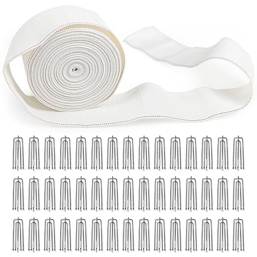 Curtain Pleat Tape - 12 Meters/13 Yards with 45 Stainless Steel 4 Prongs Hooks for DIY Pinch Pleat White