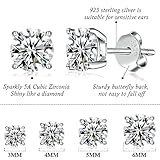 925 Sterling Silver Stud earrings Set White Gold Plated Hypoallergenic Stud Earrings Cubic Zirconia Stud Earrings for Women (3mm，4mm，5mm，6mm)