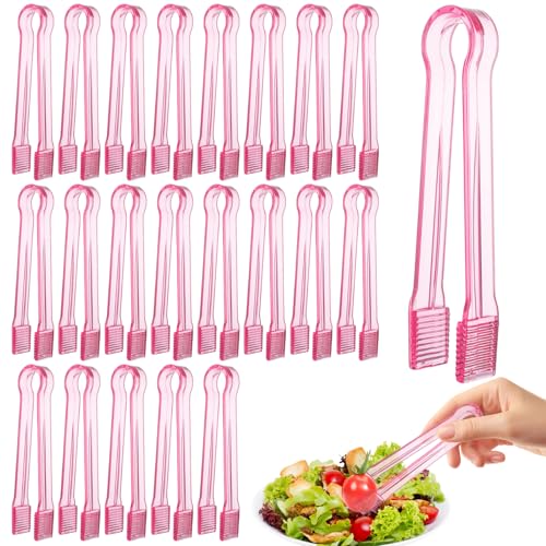 LOLYSIC 25 Pack Plastic Serving Tong, Pink Buffet Serving Tongs, 6.3 Inch Kitchen Tongs, Ice Tong for Tea and Coffee Party Catering Appetizers Salad Desserts Sandwich
