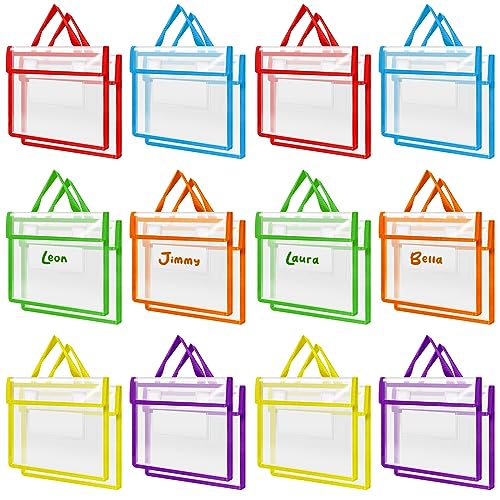 Teling 24 Pack Thick Clear Book Pouches with Blank Name Tags and Handles Book Bags Organizer for School Classroom Library Pockets Students(10 x 14 Inch)