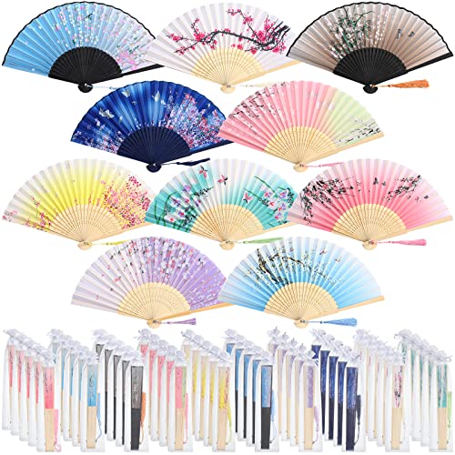 Sintuff 50 Pcs Hand Fan Bamboo Silk Folding Fan Chinese Design Handheld Fan Ink Paintings Foldable Fan Makeup Fan Decorative Folding Fans Cosplay Decorations Women Party Festival (Plain Color)