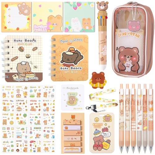 406Pcs Cute Bear Stationery Set, Kawaii School Office Supplies Includes Fun Pencil Case Gel Ink Pens, Cartoon Sticky Notes Mini Notebooks Stickers Card Case As Bulk Party Gifts for Girls (Bear)