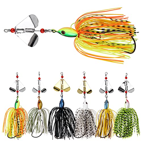 Spinnerbait Fishing Lures Kit Set, 6pcs Bass Fishing Buzzbait Multicolor Bass Trout Salmon Pike Metal Spinner Baits Swim Jigs Topwater Lures for Freshwater Saltwater