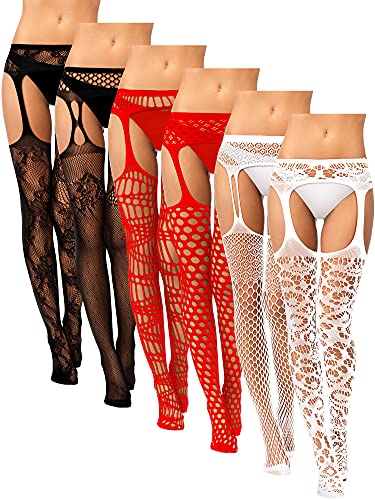 6 Pairs Women Fishnet Thigh High Stockings Suspender Pantyhose Lingerie Garter Belts Tights for Women Girls (Black, Red, White,Medium-Large)