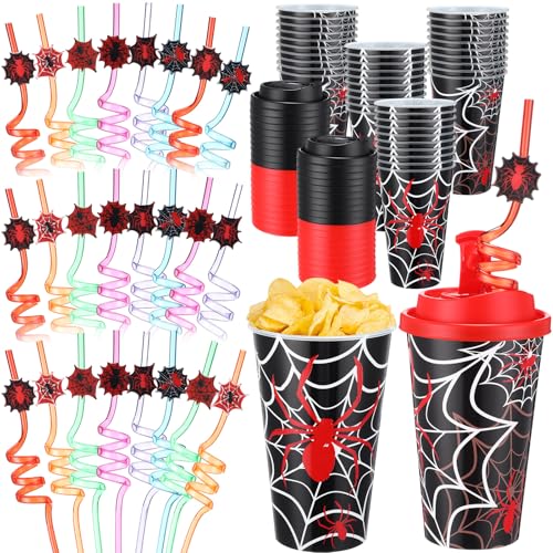 Yungyan 24 Sets Spider Party Favors Goodie Cups with Lids and Straws for Birthday Decorations Reusable 16oz Plastic Candy Cups Plastic Straws for Birthday Party (Spider)