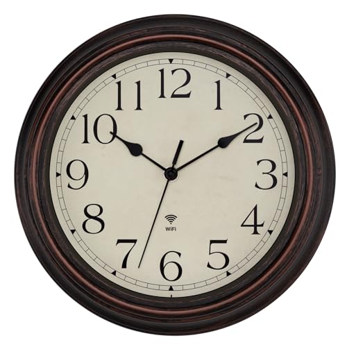 Foxtop WiFi Analog Wall Clock with Auto Time Sync & DST, 12 Inch Silent Non-Ticking Battery Powered Retro Smart Wall Clock for Bedroom Living Room Kitchen Home Office (Bronze)