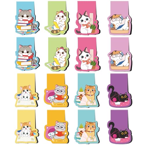 Cute Cat Magnetic Bookmarks: 16 Pcs Cute Cartoon Cat Magnet Book Page Markers Animal Bookmark Clips for Reading, Gifts for Kids Students Women Book Lovers Office School Supplies