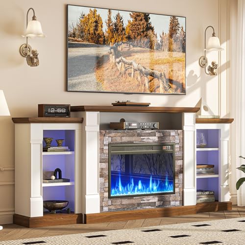 oneinmil 70" Fireplace TV Stand, Electric Fireplace with Mantel, Modern Entertainment Center with Open Storage, Remote Control, Adjustable Flame & LED, Fire Place TV Stand for Living Room, Bedroom