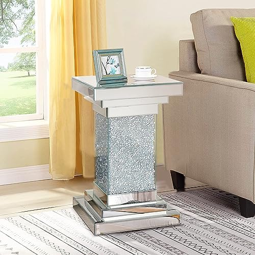 Pregaspor Silver Mirrored End Table, Square Side Table With Crystal Inlay, Modern Gorgeous Coffee Table for Living Room Bedroom