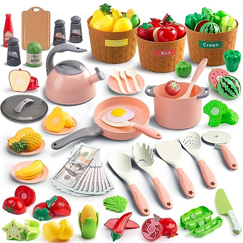 JokerKing 90Pcs Kitchen Playset Accessories, Pretend Cooking with Pots, Pans, Cookware, Food, Fruit, Veges, Color Sorting Baskets, Prop Money, Learning Gift for Girls Boys Toddlers (Pink)
