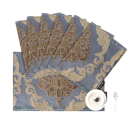 Loom and Mill Luxury Damask Placemats Set of 6, Traditional Jacquard Table Place Mats for Dining Table Kitchen Room Holiday Banquet Decoration, Double Layer Dining Table Mats(12"x18",Grey Blue)