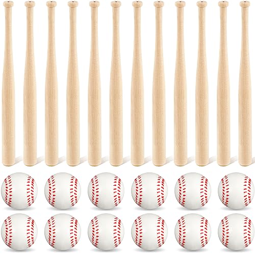 Libima 24 Pcs Mini Baseball Bats Mini Foam Sports Balls 8" Unfinished Wood Ball Bats 2" Foam Baseballs Small Party Favors for Sports DIY Craft (Wood Color,White)