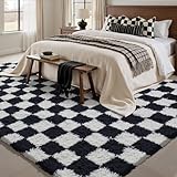 PureCozy Checkered Rug 8x10 for Living Room, Black and White Modern Shag Rug Washable Non-Slip Large Area Rug Super Soft Indoor Fuzzy Carpet Fluffy Rugs for Bedroom Home Aesthetic Decor