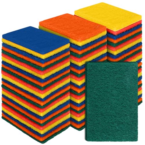Hoolerry 100 Pcs Heavy Duty Scouring Pads Non Scratch Household Scrub Pads for Cleaning Reusable Pan Scrubber Anti Grease Scrubbing Pads for Dish Kitchen Metal Grills, 4.3 x 3 x 0.3 in (Multicolor)